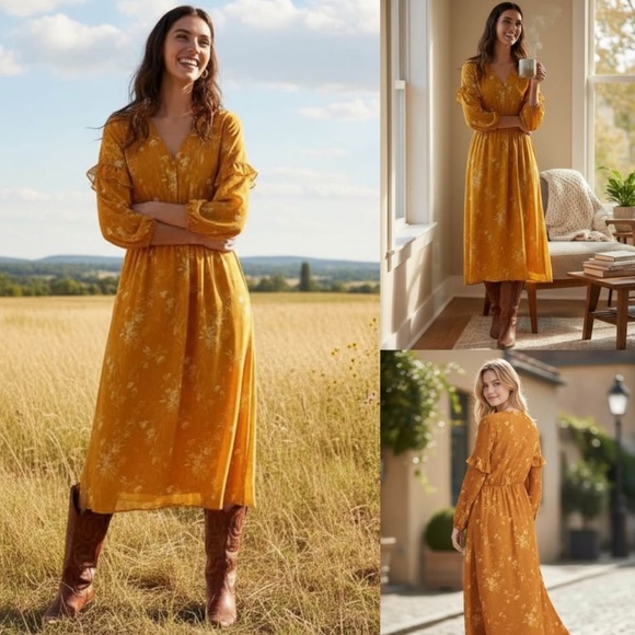 Madewell Dress Ruffle Rich Amber Cottagecore Prairie Boho Flowy Size 8 NWT $158 - Picture 2 of 7